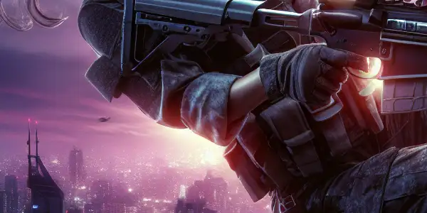 A fierce female sniper in tactical gear, poised on a rooftop at twilight, overlooking a city skyline.