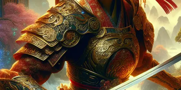 A heroic female warrior resembling Mulan stands in a mystical landscape, wielding a sword amidst cherry blossoms and bamboo.