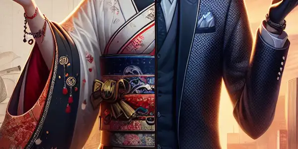 A cinematic collage merging traditional Japanese elegance with modern Western sensuality, featuring characters in stylish, emotional interactions.