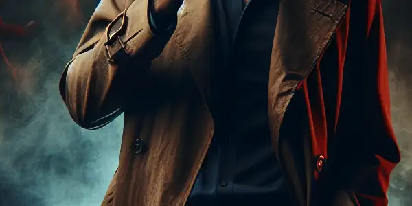 John Constantine stands in a dark, smoky landscape, surrounded by supernatural elements and lurking demonic shadows.