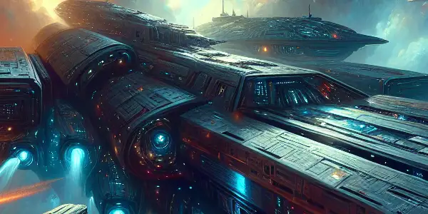 A massive futuristic battleship battles alien spacecraft amidst vibrant explosions and laser beams in a dark starry sky.