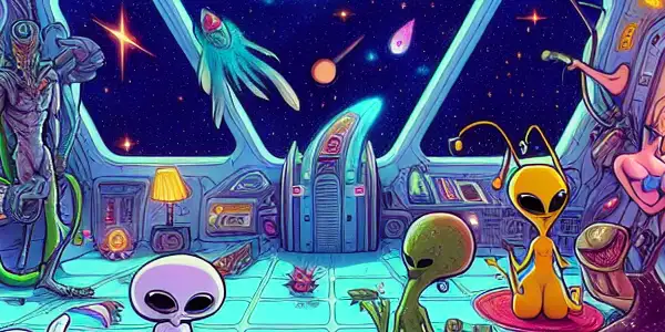 A whimsical spaceship interior filled with playful aliens engaged in humorous antics and light-hearted adult themes.