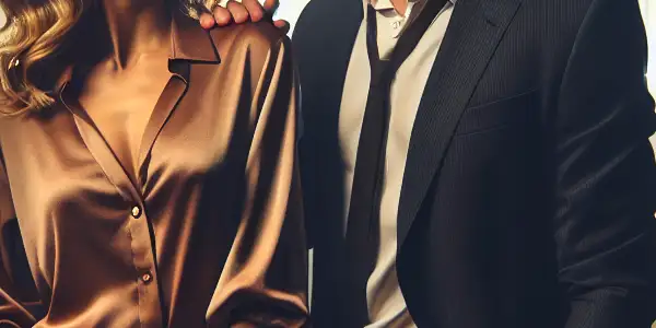 A young couple shares a charged conversation in a modern Japanese office at dusk, surrounded by urban elements.