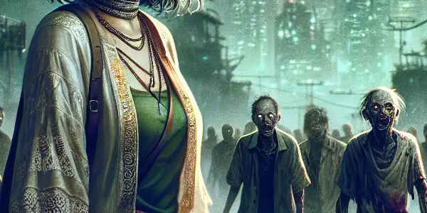 A post-apocalyptic cityscape featuring a strong female character surrounded by creatively designed zombies, blending horror and dark humor.
