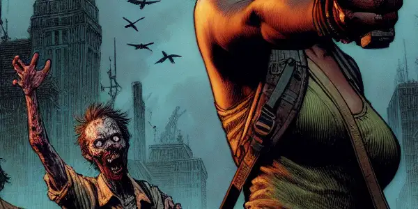 A confident female survivor stands in a decaying cityscape, facing playful, exaggerated zombies amidst chaos and destruction.