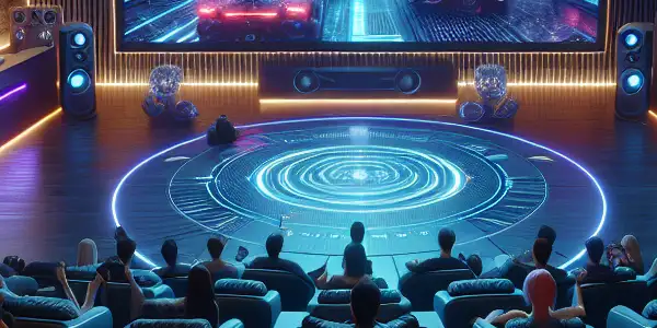 A futuristic home theater with a diverse group enjoying a vibrant 3D film in a dimly lit, high-tech environment.