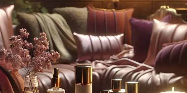 A cozy adult entertainment setting featuring lubricants on a wooden table, surrounded by plush furnishings and warm lighting.