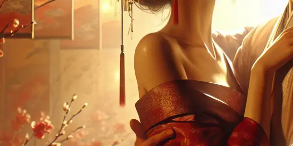 A passionate couple in an intimate embrace, surrounded by warm lighting and abstract elements of love and desire.