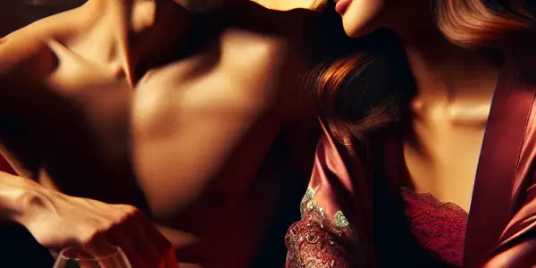 A cozy, dimly lit scene of two characters sharing an intimate moment filled with sweet affection and passionate desire.