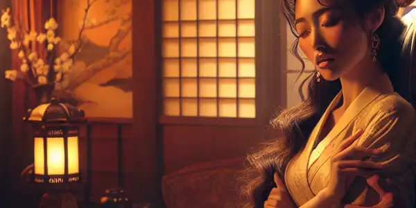 An intimate, softly lit room featuring two characters in a passionate embrace, conveying longing and desire.