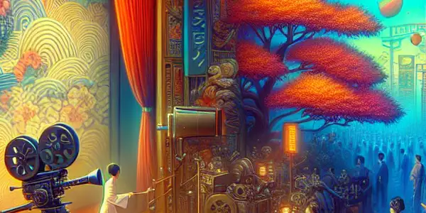 A vibrant film set showcasing the evolution of Japanese adult films with diverse characters in imaginative costumes.