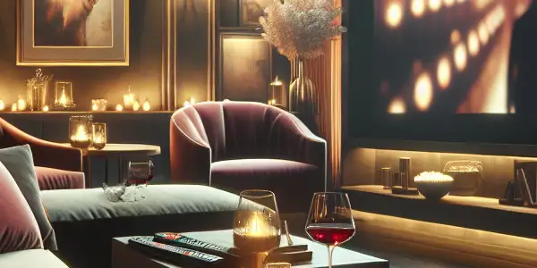 A cozy living room scene with a plush sofa, popcorn, wine, and a large screen displaying a film.