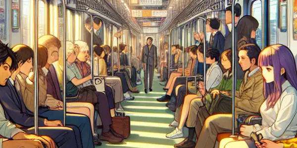 A crowded urban train interior filled with diverse passengers, showcasing intrigue and tension in a modern Japanese setting.<a href=
