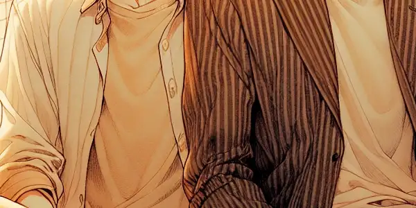 Two young men share an intimate moment in a cozy, softly lit Japanese cafe, conveying romance and emotional depth.