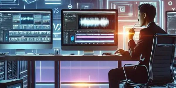 A modern digital workspace showcasing efficient video uploading for adult films, featuring diverse individuals and high-tech devices.