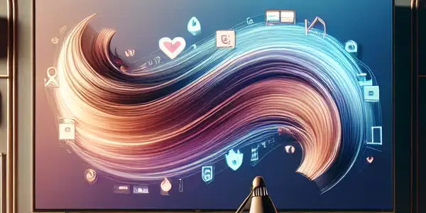 A modern living room with a person relaxing, showcasing digital content and symbols of safety and cleanliness.