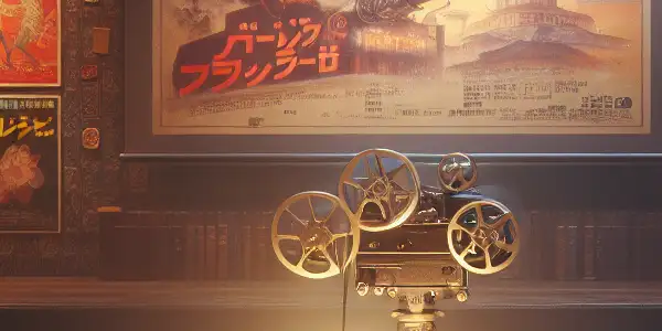 A nostalgic film screening room featuring vintage posters, a projector, and cozy seating, evoking classic Japanese adult cinema.