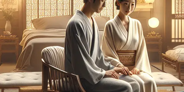 A vibrant film set for a Japanese adult video, featuring actors in a romantic moment with production equipment and intimate details.