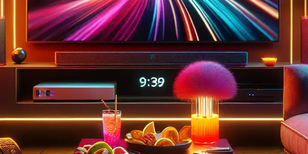 A cozy modern living room with a high-definition screen displaying abstract adult content and inviting furnishings.