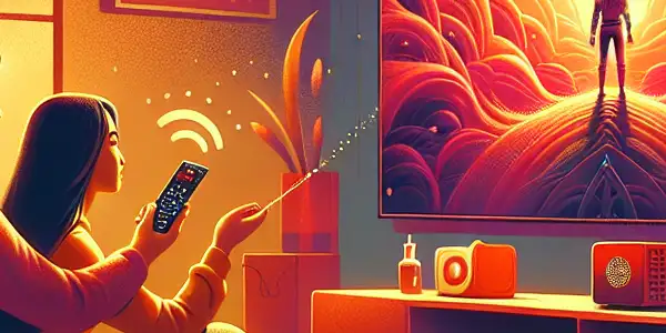 A cozy living room with a couple watching a Japanese AV film on a large TV, enjoying snacks.