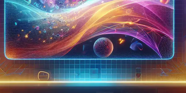 A cozy home entertainment setup with a large screen displaying vibrant abstract movie visuals and modern tech elements.