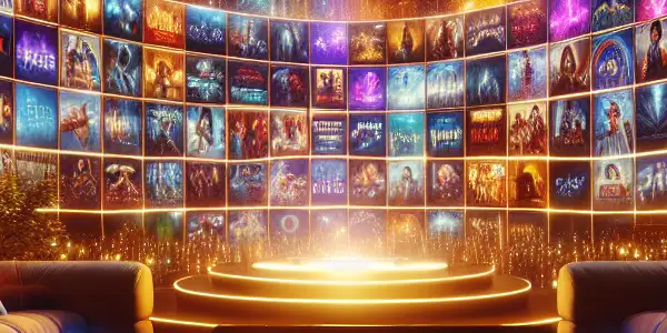 A modern digital interface showcasing vibrant thumbnails of adult films in a cozy, inviting home setting.