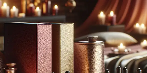 A cozy, intimate bedroom scene featuring premium lubricants, soft lighting, and romantic elements like candles and wine.