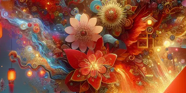 A vibrant red envelope bursting with colorful representations of erotic themes and Japanese adult film culture.