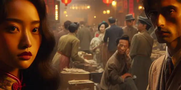 A nostalgic Chinese town scene featuring a young woman in a qipao and a brooding man, embodying love and tension.