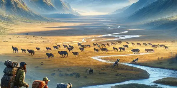 A breathtaking landscape of Koko Nor featuring mountains, grasslands, a river, wildlife protectors, and grazing Tibetan antelopes.