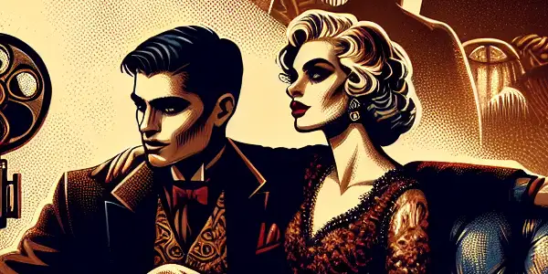 A passionate embrace between two diverse characters in a luxurious, dimly lit room with cinematic elements.