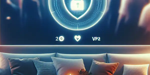 A cozy living room with a blurred film scene, emphasizing privacy, comfort, and online safety features.