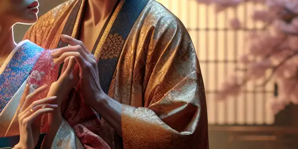 A romantic scene between two characters in elaborate traditional Japanese silk garments, set in an Edo-period backdrop.