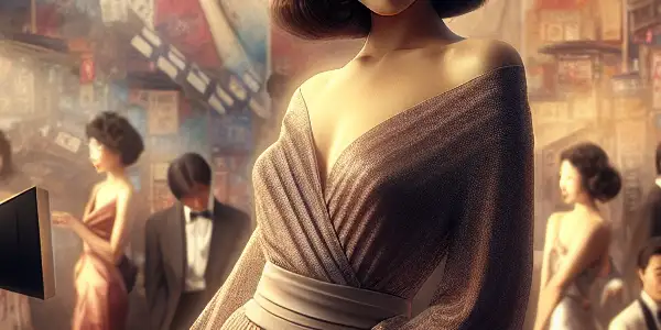 A confident Japanese actress poses in a dimly lit film studio surrounded by vintage film reels and posters.