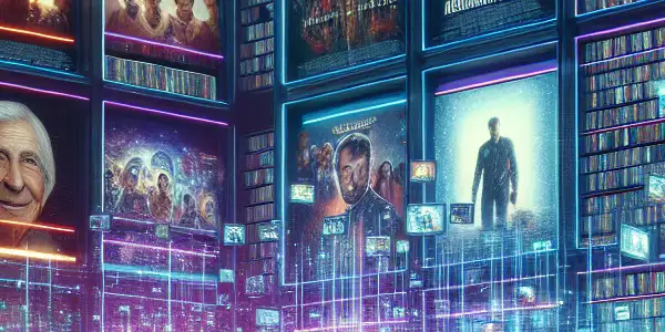 A futuristic library filled with glowing screens and diverse film enthusiasts exploring movie information in a cyberpunk setting.