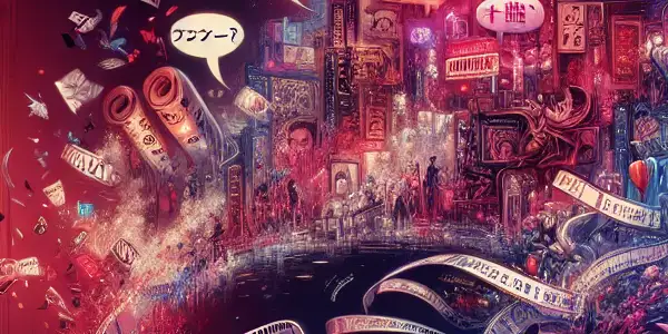 A vibrant digital illustration of a vintage film reel with iconic adult film quotes in a sultry, stylized room.