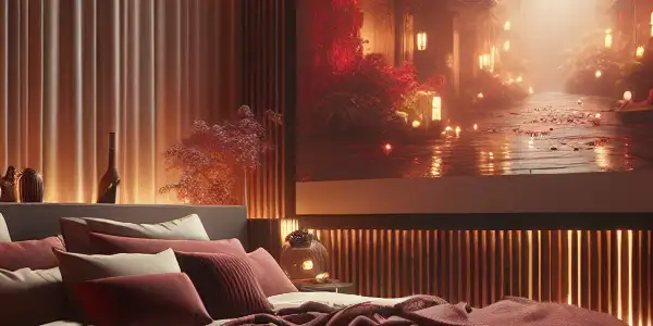 Cozy bedroom cinema with a plush bed, projector, popcorn, and warm ambiance for intimate movie nights.