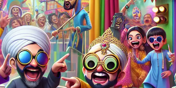 A lively film set featuring diverse characters in humorous costumes, capturing playful adult comedy and youthful mischief.