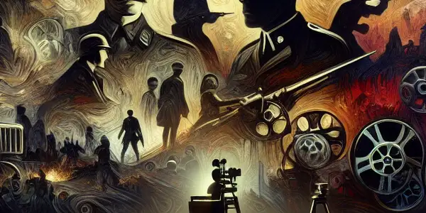 A vintage movie theater filled with shadowy figures watching a film blending WWII imagery and sensuality.