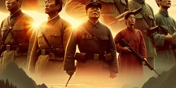 A group of revolutionary soldiers stands determinedly in the serene Honghu landscape, embodying bravery and resilience.