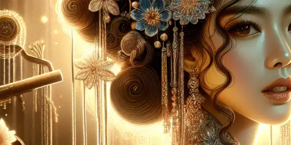 A glamorous actress in a luxurious film set, exuding allure amidst soft lighting and subtle Japanese elements.